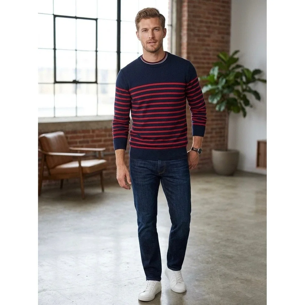 Brooks Brothers Mens Navy Blue Red Striped Combed Cotton Crewneck Sweater Size M